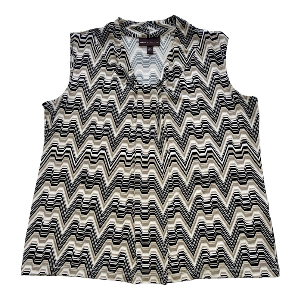 Dana Buchman Blouse Top Woman's Multicolor Black White Beige XL Sleeveless